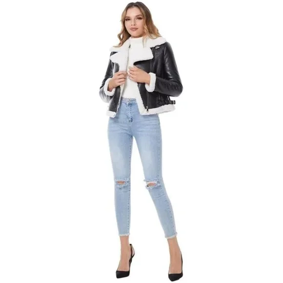 Women's Black White Leather Jacket Fur Winter Coat Warm Thick Fur Lined Faux - Picture 3 of 4